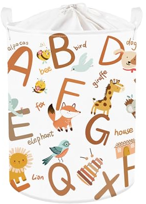 Clastyle 45L Boho Buchstabe Tiere Junge Mädchen Wäschekorb Fuchs Löwe Elefant Rund Spielzeug Kleidung Aufbewahrungskorb für Kinderzimmer, 36x45 cm