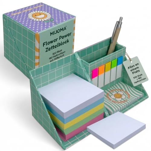 MIJOMA Flower Power Zettelblock – Farbenfroher Zettelkasten 75x75mm, 500 Blatt + 180 Haftnotizen, Schreibtischorganizer Design