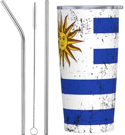 FJQWKLF Taza de viaje aislada moderna simple de la bandera de Uruguay retro con tapa y pajita Taza de café helada de acero inoxidable reutilizable Juego de tres piezas con pajita