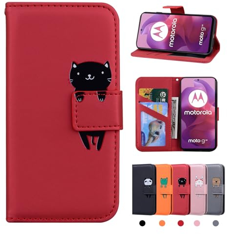 Rostsant Coque Motorola Moto G24 2024 Housse Pochette en Cuir Avec Fermeture Magnétique - Etui Portefeuille de Protection - Chat Rouge
