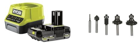 Ryobi - 1 Batterie One+ Lithium+ 18V - 2Ah et 1 Chargeur Rapide 2A - RC18120-120CG & Coffret 5 Fraises panachées Queue diam. 6 mm - RAKRBS5