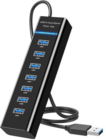 7 Port USB Hub - 3.0 High Speed USB Adapter for Mouse, Keyboard, Flash Drive, USB Disk and Printer - Black USB Splitter Compatible with Laptop, Desktop PC, Xbox, PS5, and More