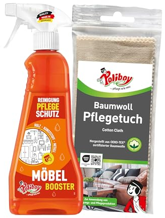 POLIBOY Möbel Booster - Reinigendes Möbelpflegemittel - Entfernt als Möbelreiniger Schmutz und frischt auf - 1x 375 ml - Mit Baumwolltuch - Made in Germany