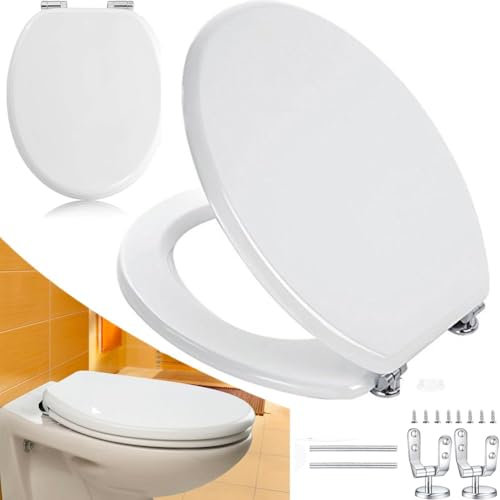 Bakaji Asiento de inodoro universal para baño, de madera pesada MDF con bisagras antioxidantes de aleación de zinc, diseño moderno, tamaño 45 x 36 cm (blanco)