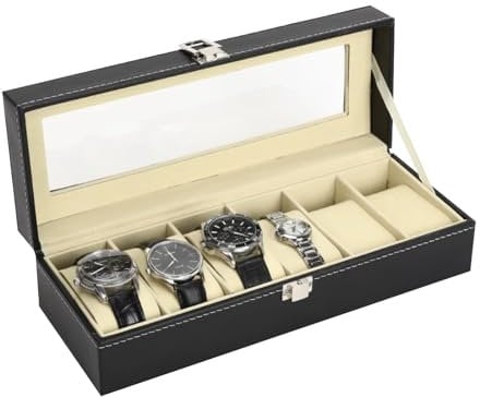 Dyaucwpo Porta Orologi a 6 Posti, Scatola Portaorologi, Scatola per Orologi in PU con Coperchio in Vetro, Scatola Porta Orologio, Scatola Portagioielli per Orologi Uomo e Donna, pIdea Regalo, Nero