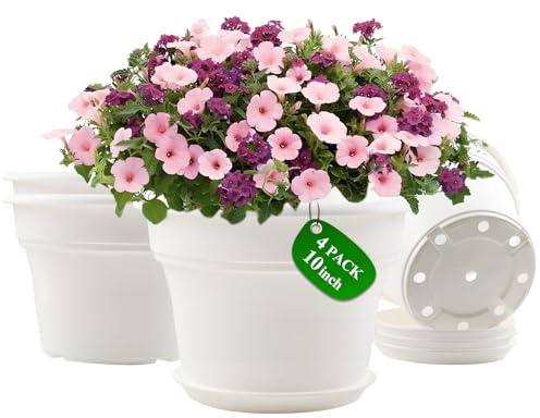 Pottiffe 10 Inch Plastic-Flower-Pot-for-Indoor-Plants, 4 Pack Large Outdoor Planter Pot with Drainage Holes & Saucers, Resin Decorative Garden Pots Planters