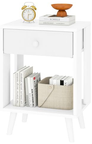 YMYNY Comodino, Tavolino da Notte, Tavolino Salotto, Cassetto in tessuto, Scomparto Aperto, Moderno, Struttura Semplice, per Camera da Letto, Soggiorno, Bianco HST012W