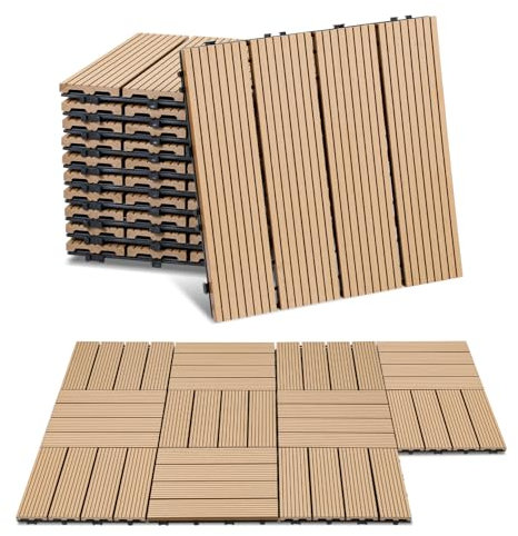 ISOISL 11er Set WPC Terrassenfliesen, 30x30cm Balkonfliesen Klickfliesen, WPC Fliesen für 1m², Bodenbelag mit Drainage und Klicksystem, Terrassendielen Wasserfest, für Balkon Terrasse, Teak