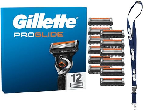 Gillette Fusion5 Proglide, 12 ORIGINAL Ersatzklingen für Herren — 2x Gleitstreifen Vor und Nach den Klingen und Neuer EverGlide Gleitstreifen für Unglaubliche Gründlichkeit — Inkl. Reiseschutzkappe