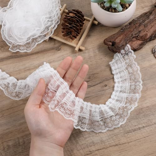 5M Spitzenband Weiß Vintage Weiss Spitze, 4,5cm Doppelschicht Rüschen Spitzenborte Weiß Vintage Spitzenstoff Dekoband Zierband für DIY Basteln Nähen Hochzeit Geschenkbox Dekoration