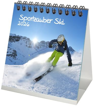 Seelenzauber Skizauber Tischkalender 10cm x 10cm für 2026 Berge und Ski - Geschenkset Inhalt: 1x Kalender, 1x Weihnachtsanhänger (insgesamt 2 Teile)