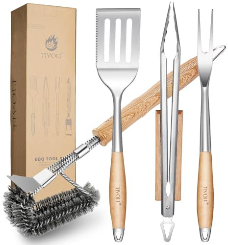 TIVOLI Lot de 4 ustensiles de barbecue en acier inoxydable de qualité supérieure avec poignées en bois sûres, pince à barbecue, spatule, brosse à barbecue et fourchette à barbecue - Cadeaux de