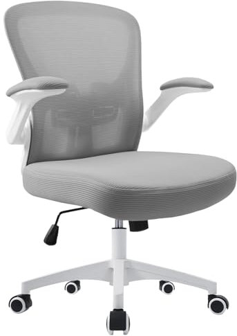 Durrafy Bürostuhl,Schreibtischstuhl Ergonomisch mit Hochklappbaren Armlehnen,Einstellbarer Lendenstütze,Höhenverstellbarer Chefsessel Drehstuhl,Netzstuhl mit Wippfunktion bis 130°,Grauer