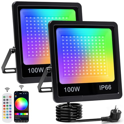 100W RGB LED Strahler, LED Fluter Außen, Mit Bluetooth APP Und 2.4G Fernbedienung, IP66 Wasserdicht Farbwechsel Dimmbar, 16 million Farben Flutlicht für Gärten, Innenhöfe,Party (2 PC)