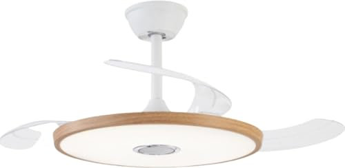 NARVI Ventilador de techo Blanco y color madera Haya, CON BLUETOOTH, 3 Palas retráctiles, Motor DC, Luz LED Regulable en intensidad y Color. Con Memoria y Mando a distancia. REF. BARI 1719 WDN+WH