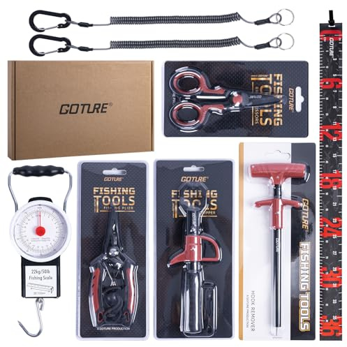 Goture 7Pcs Fishing Tool Kit, Fish Lip Gripper, Fishing Pliers, Hanging Scale with Tape Measure, Fish Hook Remover, Lanyards, Line Scissors, Roll Measuring Tape, Saltwater Gear Kit, Gifts for Men