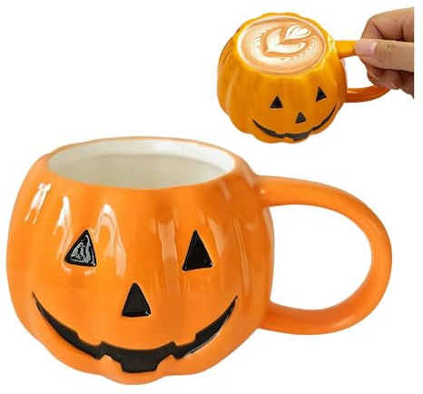 Halloween Pumpkin Mug Decorations,14 oz-Cute and Spooky Ceramic Coffee Mugs,Happy Halloween Pattern Mug Ceramic Cute Pumpkin Coffee Cup Halloween Birthday Tabletop Drinkware Gifts(Orange without lid)