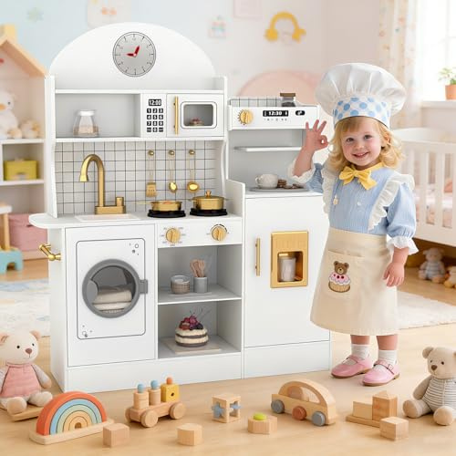 JOYDIAS Kinderküche Holz, Spielküche Holzküche für Kinder, Puppenküche mit Klang und Licht, Ofen, Waschmaschine, Spielzeug Kaffeestation und Küchen-Spielzeugsets für Kinder ab 3 Jahren