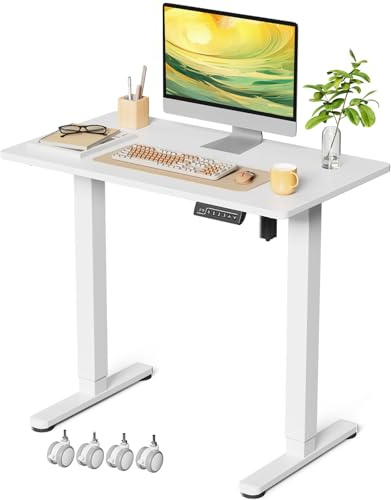 Gibbon Mounts 88x50cm Kleiner höhenverstellbarer Schreibtisch mit Rollen | Mobiler elektrischer Computertisch mit weißer einteiliger Tischplatte & 4 feststellbaren Räder, für kleine Wohnbereiche