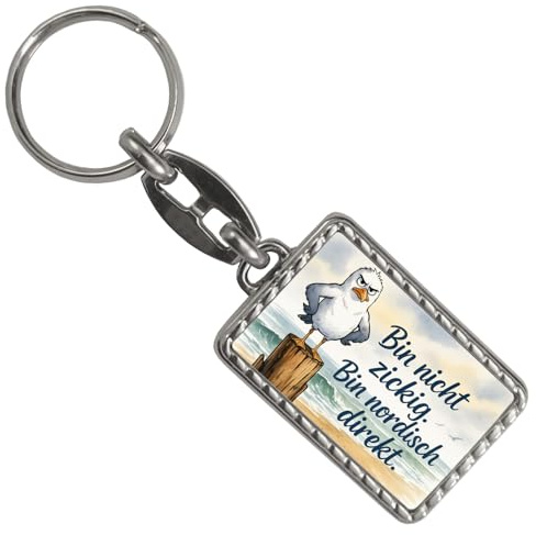 speecheese Möwe am Strand Schlüsselanhänger mit Bordüre mit nordischem Humor Maritimes Souvenir für humorvolle Küstenfans