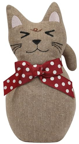 A2Z Weighted Cat Door Stopper Cute Beige Fabric Doorstop with Red Polka Bow 1KG Heavy Decorative Door Holder Durable Polyester & Sand Filled Animal Door Stop for Home Bedroom & Living Room