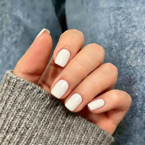 KQueenest Press On Nails Short Square, 30 Pcs 15 Sizes White False Nails Short, Reusable Thick Fake Nails Press ons, Soft Gel Natural Stick on Nails for Women Everyday Elegance