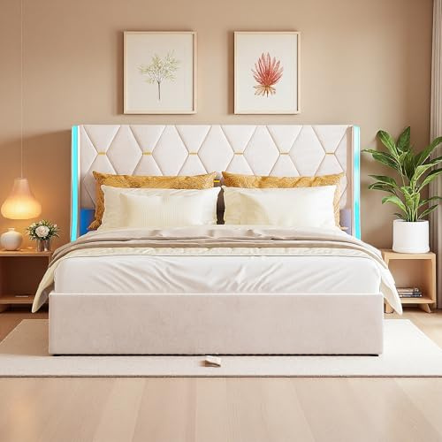 Hoscullo Boxspringbett 140x200 mit Stauraum, Polsterbett mit Bettkasten, Kopfteil mit Seiten-LED, Doppelbett Hydraulisches Bett, Jugendbett mit Lattenrost, Modernes Funktionsbett, Beige, Velvet