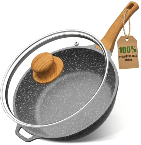 YASHE Padella sauté antiaderente 30 cm, atossica, senza PTFE e PFAS | Compatibile Induzione, Non Tossico Padella Saltapasta in Granito, Senza PFOA/PFOS, Manico Isolante Effetto Legno