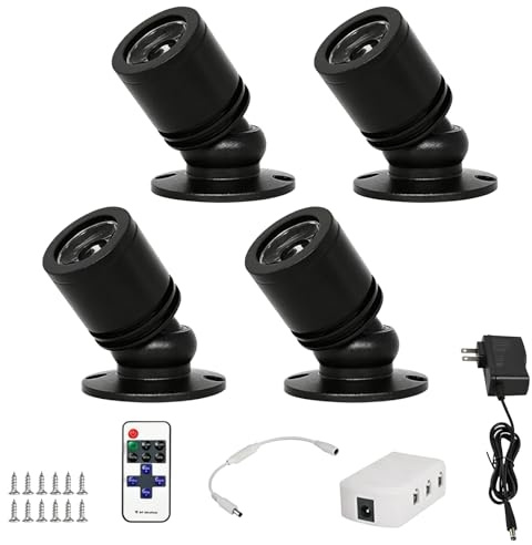 4er Set LED Spotlichter, Warmweiß 3000K Schranklicht Bilderlichter Akzentlichter, 1W 360° Schwenkbar Mini LED Spot, Klein Scheinwerfer, Mini Akzentlichter mit Fernbedienung für Flur, Galerien