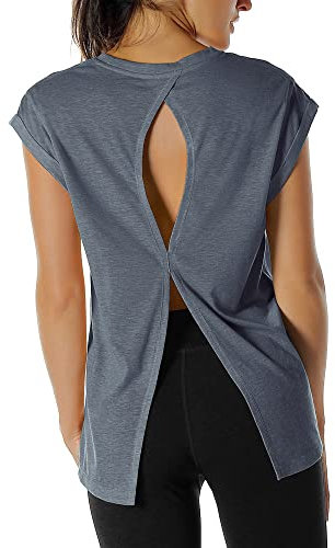 icyzone Damen Fitness-Trainings Kurzarm Shirt Yoga Top Loose Fit Rückenfrei Sport T-Shirt (M, Navy)