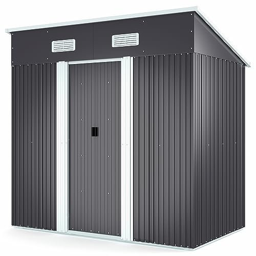 The Fellie Outdoor Storage Shed with Base, 4x6 ft Garden Metal Storage Shed, Lockable Tool Storage Shed for Garbage Bins, Garden Tools, Bike Storage, Double Sliding Door, Black, 194x121x182 cm(L*W*H)