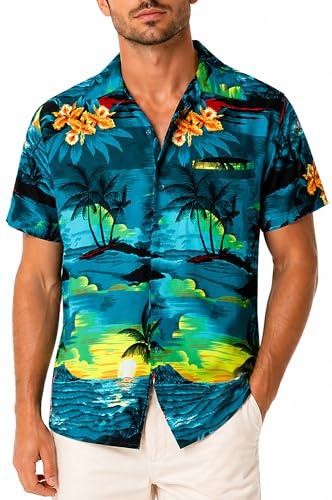 King Kameha Hawaiihemd Herren Kurzarm - Grünes Hawaii Hemd Männer Surfen - Hemd Herren Kurzarm Hawaii Outfit - Hawaiian Shirts for Men - Surf, Petrol Green, L