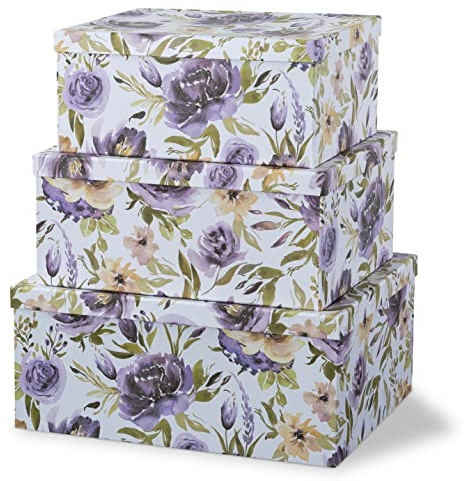 Soul & Lane Decorative Cardboard Storage Boxes with Lids for Home Decor and Organization, Set of 3 Large Keepsake Boxes for Memories & Gifts, Nesting Floral Photo Storage Containers, Purple Passion