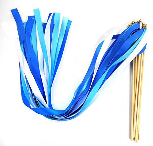 Zauberstäbe mit Band Glocken,20 Stück Luftschlangen Seide Fee Stick,Wedding Twirling Streamers Ribbon Wedding Wands Stick für Hochzeit Partys Babypartys Geburtstag Urlaub Feiern Weihnachten,Blau