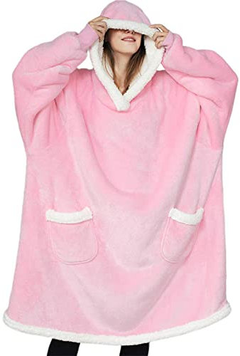 YUNHOME Kapuzendecke Decke Mit Kapuze Überwürfe Wohndecke Schlafdecke Tv-Decke, Kapuze, Freizeithaus Doppellagige Lammsamt-Ärmeldecke Große Tasche Fleece-Faule Decke Hoodie-Hell-Pink