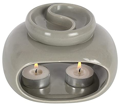 Double Grey Ceramic Oil Burner - 10cm x 14cm (1 Pc.) - Sophisticated Design, Duable Material - Suitable for Fragrance Oils & Wax Melts - Ideal for Home Decor