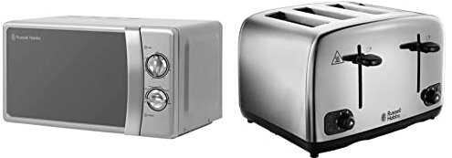 Russell Hobbs RHMM701S 17 Litre 700 W Silver Solo Manual Microwave with 5 Power Levels & 24090 Adventure Four Slice, Brushed Polished Stainless Steel Toaster