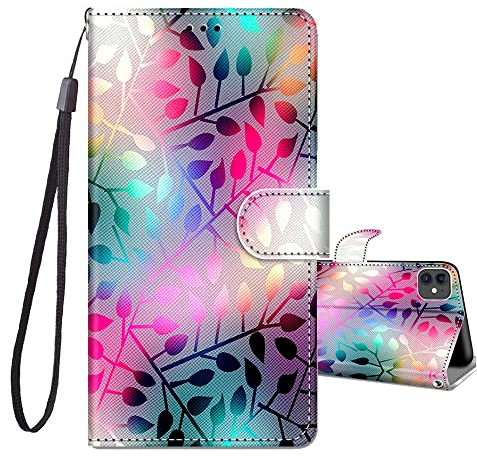 JRIANY for iPhone 12/12 Pro Case, PU Leather Wallet Case with Cute Pattern [Card Holder] [Kickstand], iPhone 12 Pro Flip Case, Shockproof Cover Compatible with Apple iPhone 12/12 Pro, Leaves H