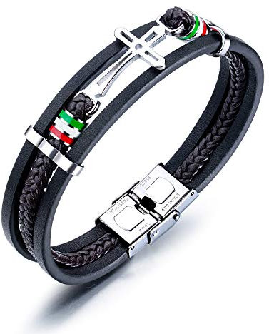 Lederarmbänder für Männer,Herrenarmbänder,handgeflochtene Armbänder,schwarzes mehrschichtiges geflochtenes Lederarmband,italienische Flagge,Silber,Kreuz,Herren Lederschmuck,Vatertagsgeschenk für sie
