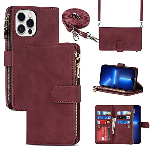 Cavor Crossbody iPhone 13 Pro Max Case With Card Holder With Strap,Flip Leather Wallet Case,[9 Card Holder] Zipper Detachable Lanyard Phone Case Cover for Women for iPhone 13 Pro Max - Red