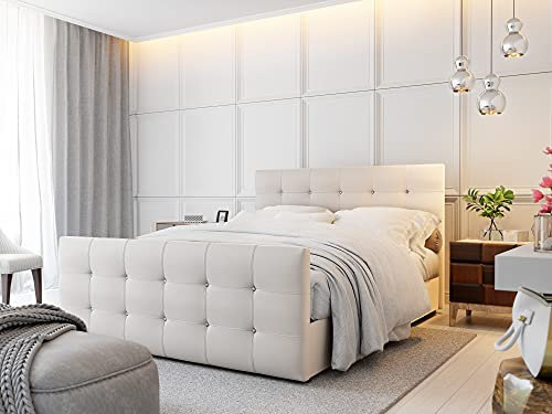 PAMIR-Möbel Bett Designer Bett mit Bettkasten Cleo Öko-Leder | Boxspringbett mit Bonell-Matratze, 2 Bettkästen mit dekorativen Knöpfen im Kopfteil (180 x 200 cm, Weiß) madryt 20