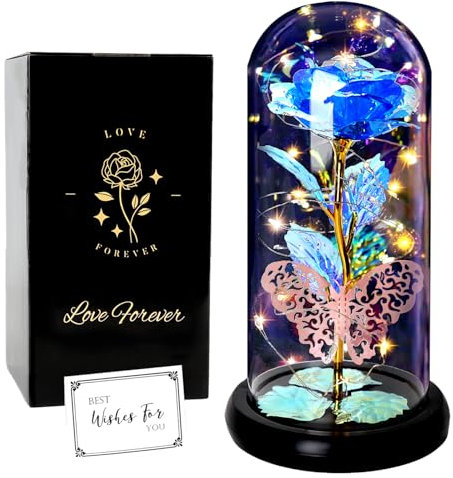 Galaxy Rose Gifts for Women, GIIFER Beauty and The Beast Rose, Rose in Glass Dome Butterfly Gifts for Mothers Day Light Up Eternal Rose for Birthday Christmas Wedding Valentine's Day (Blue)