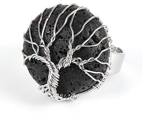 Anillo Mujer, Anillos Ajustables Vintage Piedra De Roca Volcánica Redonda Anillos Abiertos De Cristal Natural Árbol De La Vida Alambre Envoltura Reiki Equilibrio Anillos De Dedo Joyería Regalo De