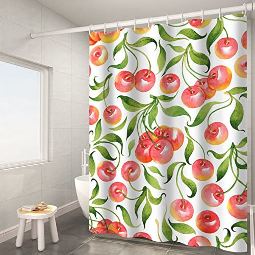 Rideau de douche anti-moisissure - 90 x 180 cm - Lavable - Motif cerise - Rouge - Avec faible rideau de douche