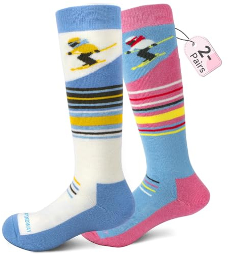 Findway 2 Paar Merinowolle Skisocken Kinder, Winter Snowboarding Atmungsaktive Thermosocken mit Über die Wade Design/Anti-Rutsch-Bündchen für Mädchen/Jungen für Outdoor-Sportarten