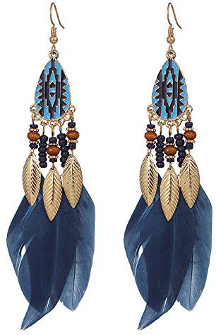 Teardrop Long Earrings, Federohrringe Ethnic Long Feather Fringe Earrings,blau