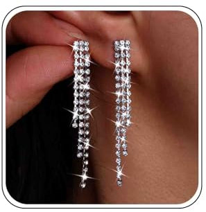 Atentuyi Silberne Strass Quasten Ohrringe Glänzende lange Kronleuchter Ketten Linear Tropfen Kristall Schmuck für Frauen und Mädchen
