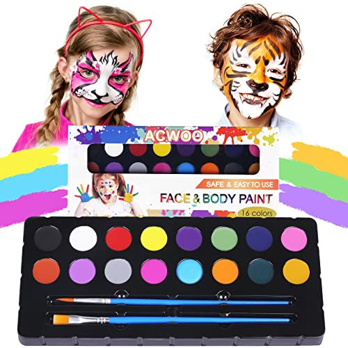 ACWOO Face Body Paint, 16 Colori Pittura Corpo Kit con 2 Pennelli, Truccabimbi Kit, Pittura an Olio Professional Flash Tattoo Makeup Palette Pittura Art Halloween Party Fancy Dress Beauty Palette
