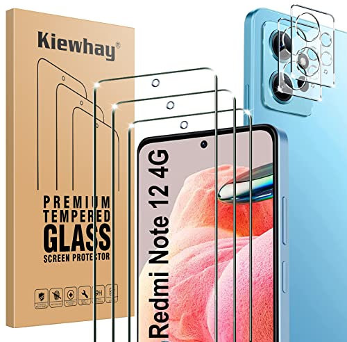 Kiewhay Protector de Pantalla para Xiaomi Redmi Note 12 4G Cristal Templado, 3X Vidrio Templado + 2X Protector de Lente de Cámara, [No para Redmi Note 12 5G] 99,99% HD Protector Pantalla - 5 Piezas