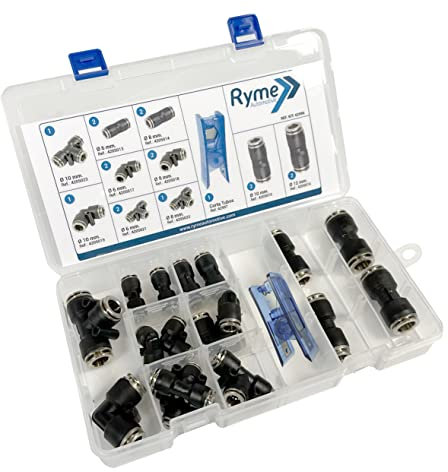Kit de Racores Plástico y Metal - 17 Pcs - Conectores Rectos, Codos y T- Neumáticos Enchufe Rápido Manguera Aire Comprimido con Cortatubos